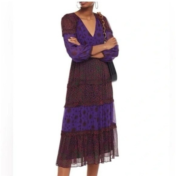$475 New BA&SH Gypsie Tiered Print Crepe Midi Dress Purple Violet Sz M - Picture 1 of 6